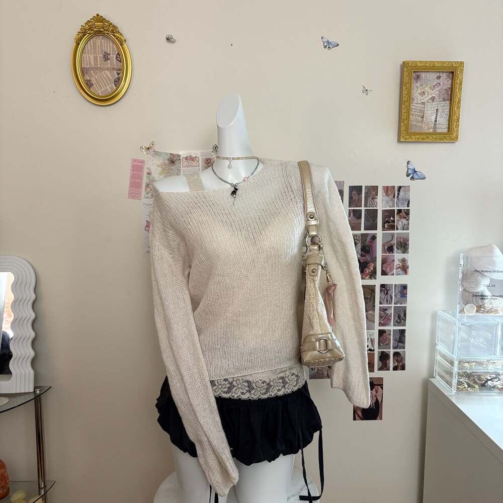 Brandy Melville Cream Off Shoulder Knit Sweater Womens One Size Sheer Open Knit